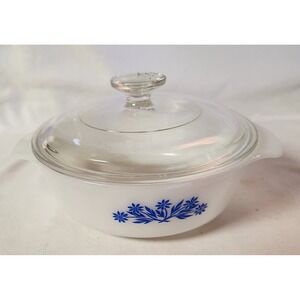 Antique Anchor Hocking 1 quart Round Casserole Dish Blue Flower Pattern #436‎
